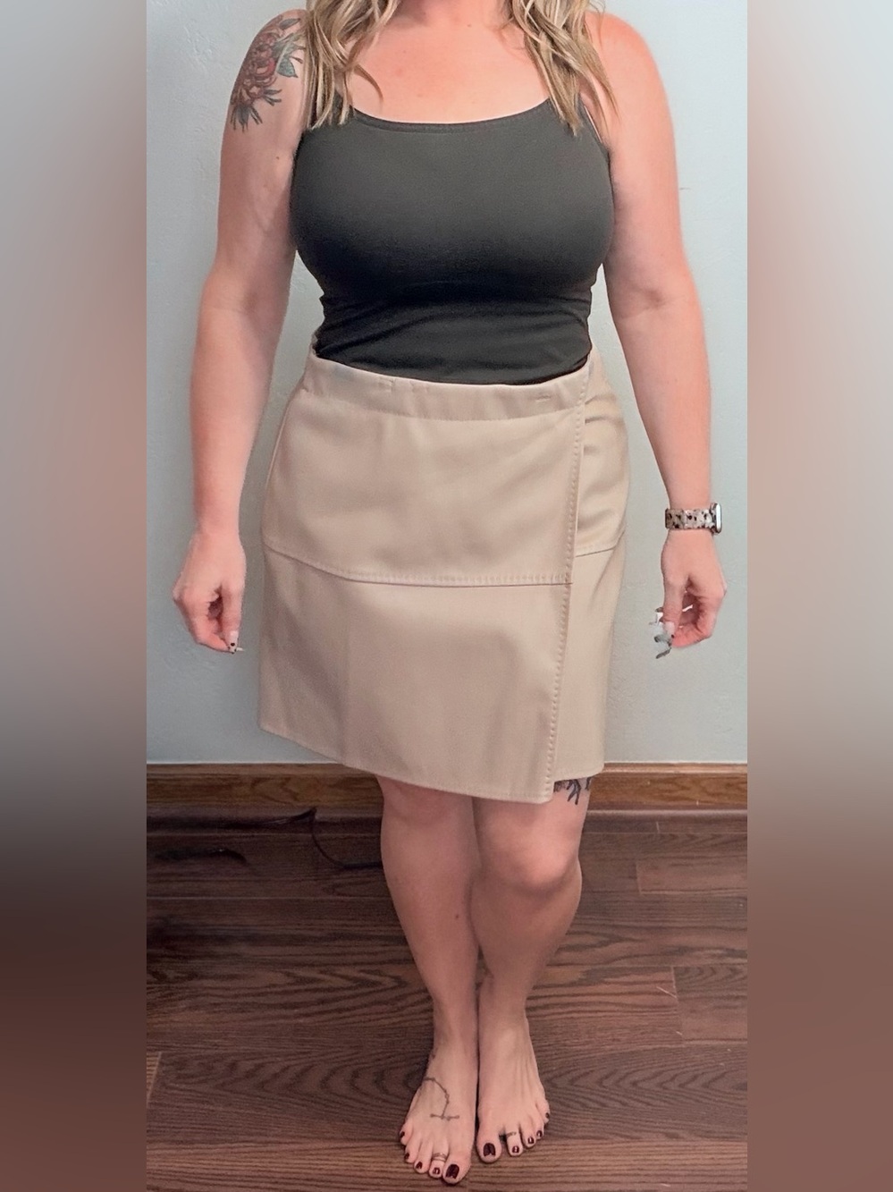 Max Studio Beige Faux Leather Faux Wrap Skirt Size Large Knee Length